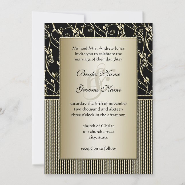 Invitation Mariage Monogram Black et Gold Swirl (Devant)