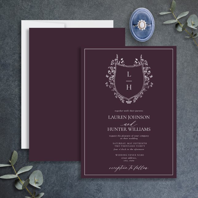 Invitation Mariage Monogram Crest Fleur sauvage Plum classiqu (Créateur téléchargé)