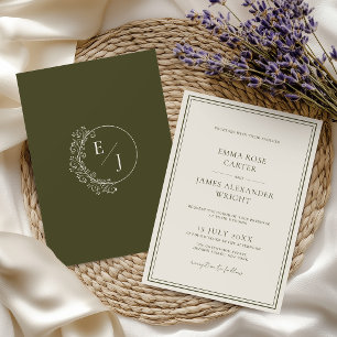 Invitation Mariage Monogramme Argenté Vert Olive