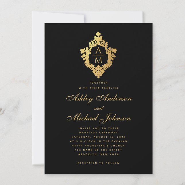 Invitation Mariage Monogramme Black Faux Gold Vintage Crest (Devant)