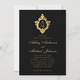 Invitation Mariage Monogramme Black Faux Gold Vintage Crest