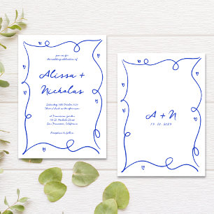 Invitation Mariage Monogramme bleu à main blanche