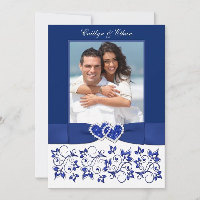 Invitation Mariage | Monogramme | Bleu, Blanc | Floral | PHOT (Devant)