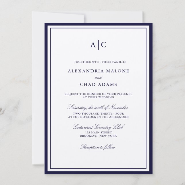 Invitation Mariage Monogramme bleu marine classique et écru (Devant)