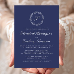 Invitation Mariage Monogramme Bleu Marine Couronne Écriture B