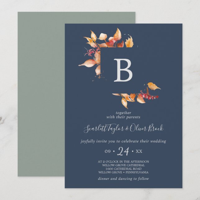Invitation Mariage Monogramme bleu marine et bordeaux (Devant / Derrière)