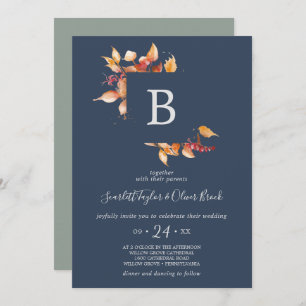Invitation Mariage Monogramme bleu marine et bordeaux