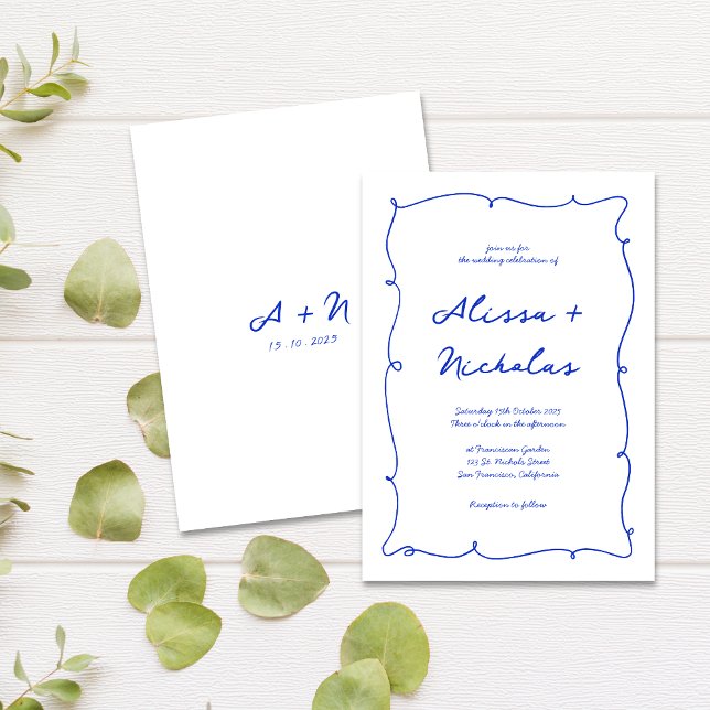 Invitation Mariage Monogramme bleu vif tiré à la main moderne (Créateur téléchargé)