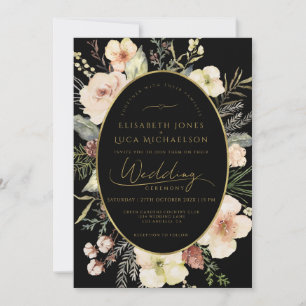 Invitation Mariage Monogramme Botanique Flore Noir Hiver Or