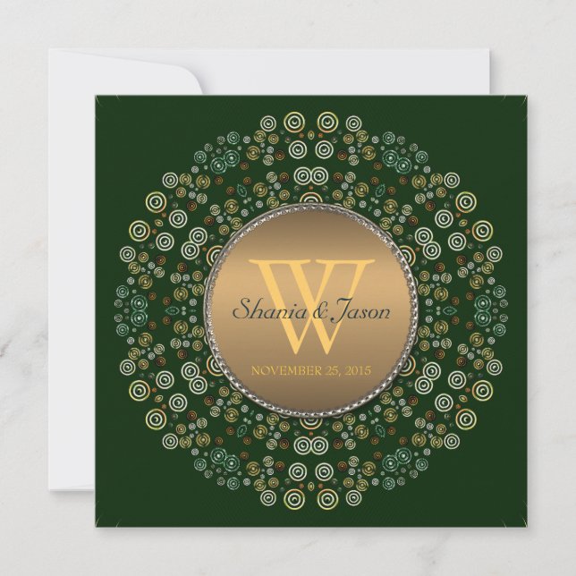 Invitation Mariage Monogramme Cercle Vert & Or (Devant)