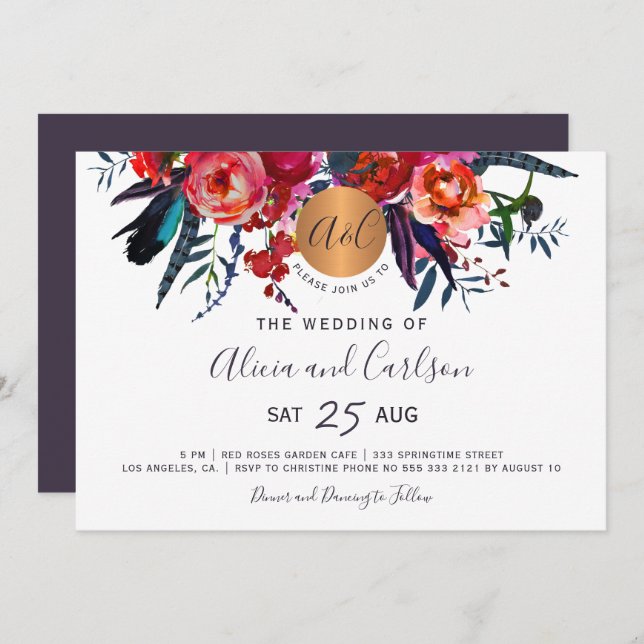 Invitation Mariage monogrammé chic à fleurs de la marine roug (Devant / Derrière)
