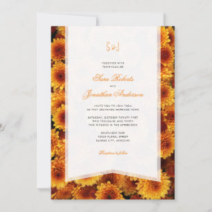 Invitation Mariage Monogramme Chrysanthèmes Orange Automne