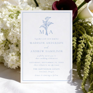 Invitation Mariage Monogramme Classique Fleur de Lys Bleu