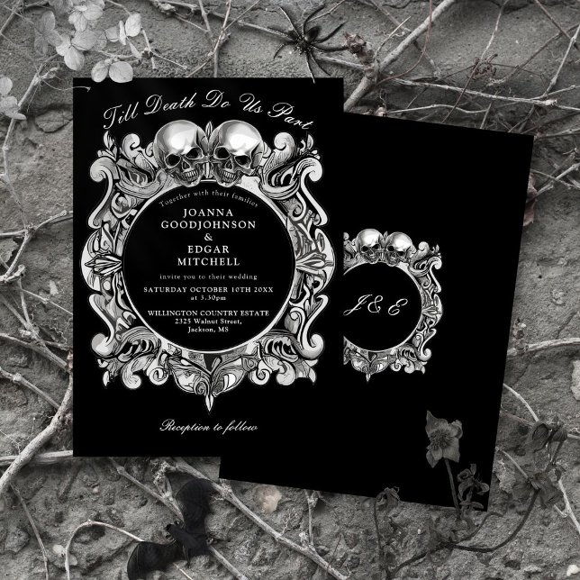 Invitation Mariage Monogramme Crânes Gothiques Jusqu'à la Mor (Till Death Gothic Skulls Monogram Wedding Invitation)