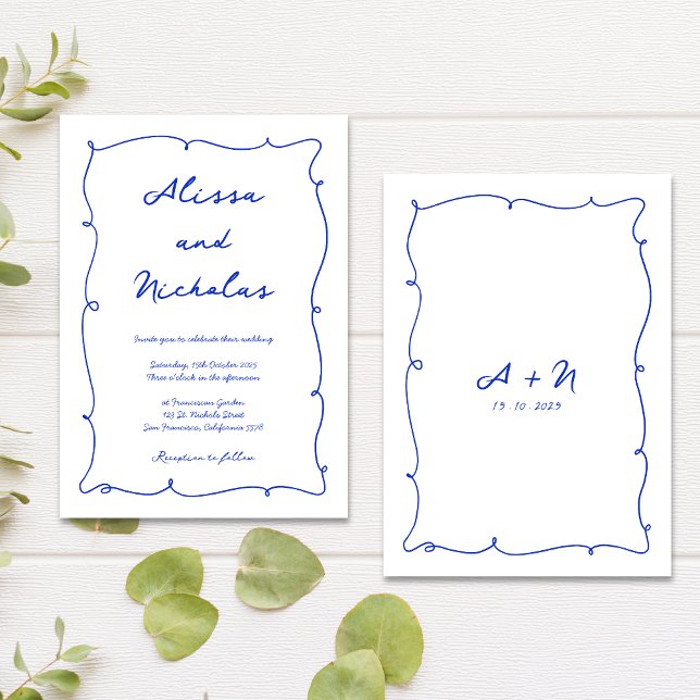 Invitation Mariage Monogramme Cursif Bleu Levé À La Main Mode (Créateur téléchargé)