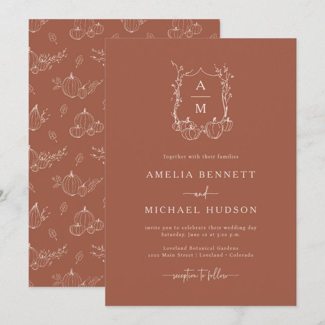 Invitation Mariage monogramme d'automne (Devant / Derrière)