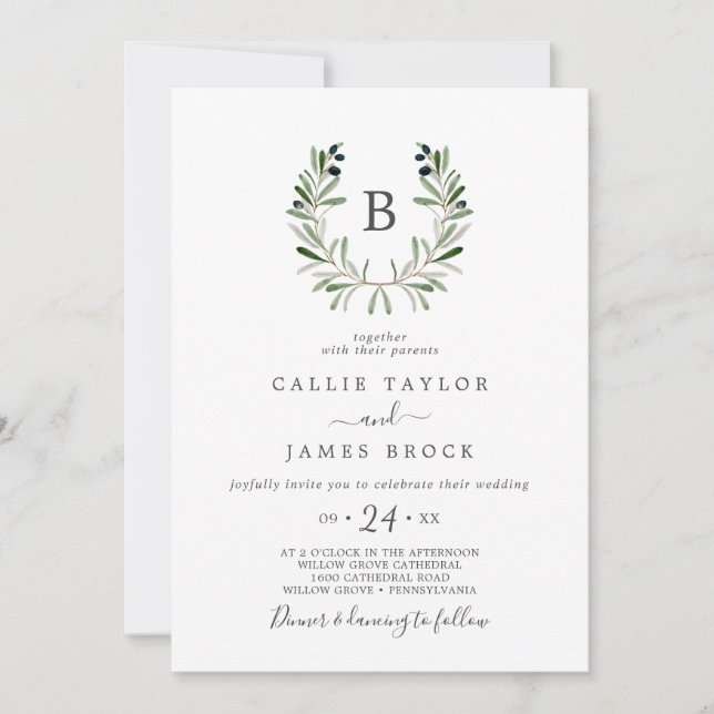 Invitation Mariage Monogramme de Branche d'Olivier moderne (Devant)