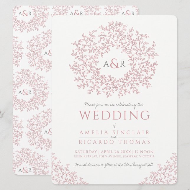 Invitation Mariage monogramme de feuille rose pâle blanc dess (Devant / Derrière)