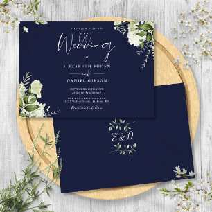 Invitation Mariage Monogramme de verdure botanique bleu marin