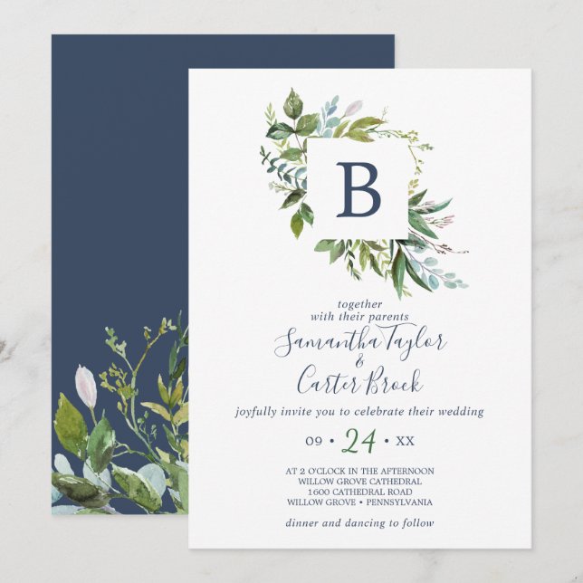 Invitation Mariage Monogramme de verdure d'été (Devant / Derrière)