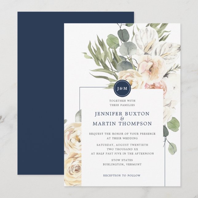 Invitation Mariage Monogramme d'Eucalyptus Floral de la Marin (Devant / Derrière)