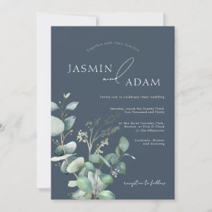 Invitation Mariage Monogramme d'opulence bleue royale Eucalyp