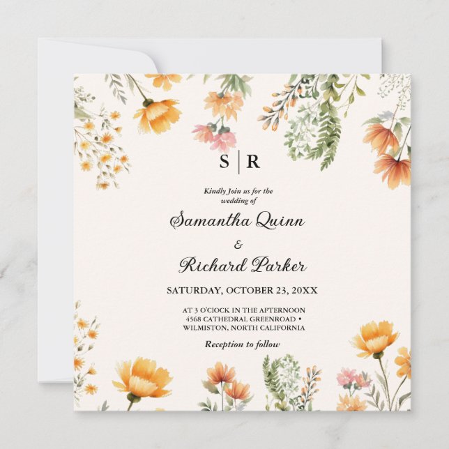 Invitation Mariage monogramme Elegant Fleur sauvage de trame (Devant)