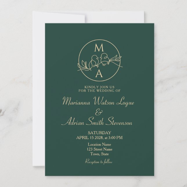 Invitation Mariage Monogramme Emerald Green (Devant)