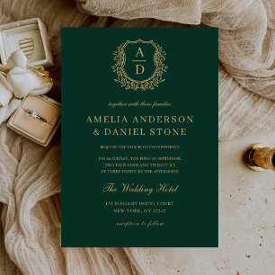 Invitation Mariage Monogramme Emerald Green Gold Crest