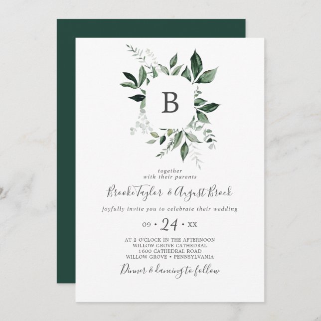 Invitation Mariage Monogramme Emerald Greenery (Devant / Derrière)