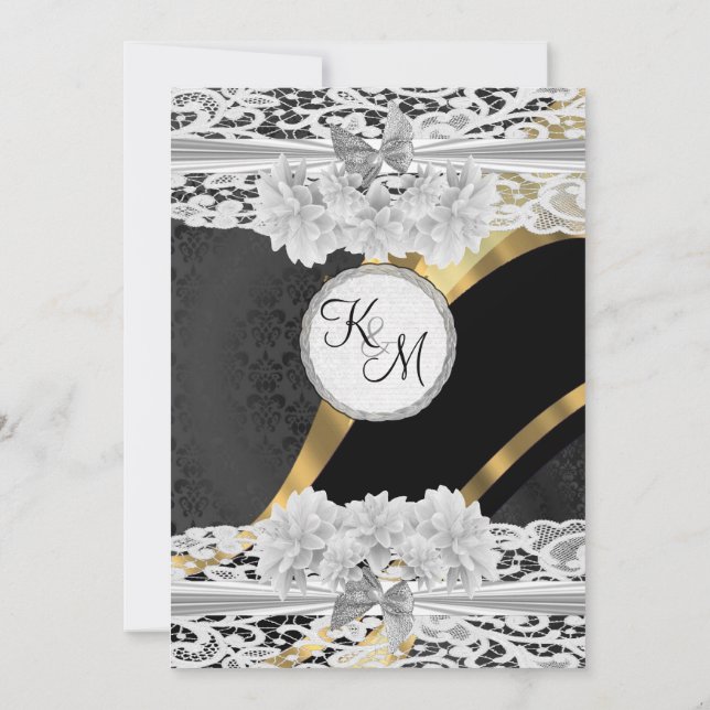 Invitation Mariage monogramme en dentelle blanche en or noir (Dos)