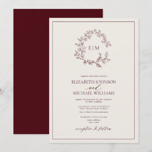 Invitation Mariage Monogramme Feuillu Crème et Bourgogne