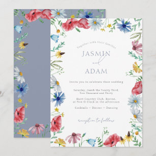 Invitation Mariage Monogramme Fleur de Champ Bleu Poussiéreux