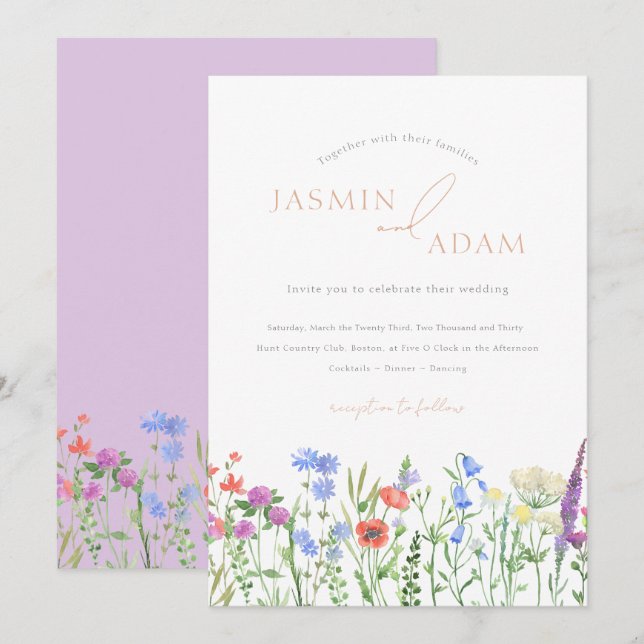 Invitation Mariage Monogramme Fleur de Pavot Lavande Sauvage (Devant / Derrière)