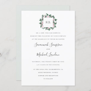 Invitation Mariage monogramme gris Magnolia Eucalyptus peint