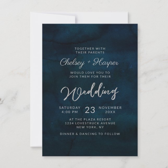 Invitation Mariage Monogramme minimal Luster bleu foncé de la (Devant)