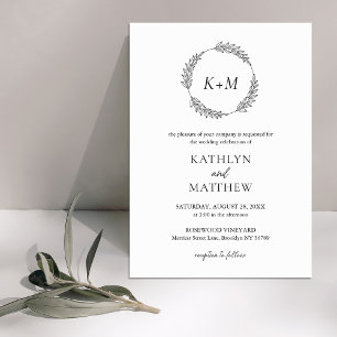 Invitation Mariage Monogramme moderne à feuilles noires blanc