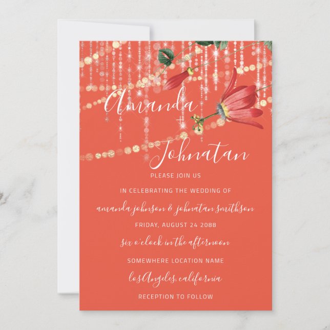 Invitation Mariage Monogramme Moderne Lumières Corail Vivant  (Devant)