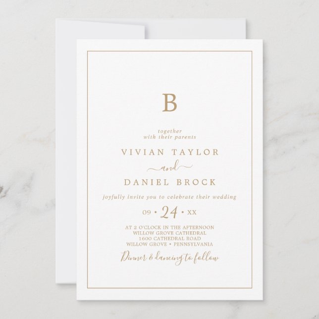 Invitation Mariage monogramme or minimaliste (Devant)