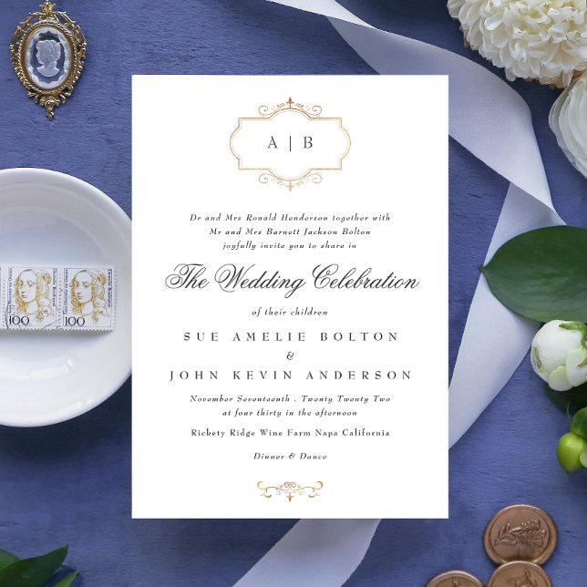 Invitation mariage monogramme romantique classique en or crêt (Créateur téléchargé)