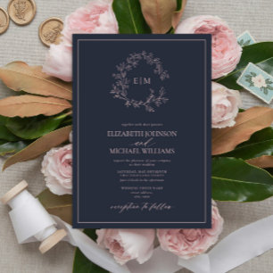 Invitation Mariage Monogramme rose bleu marine moderne