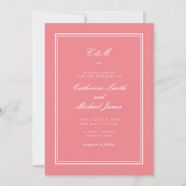 Invitation Mariage monogramme rose corail classique absolu (Devant)