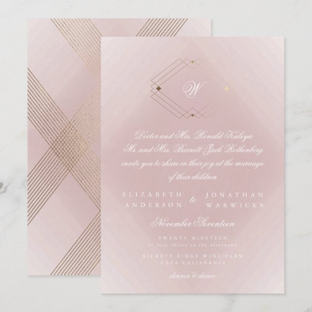 Invitation Mariage Monogramme rose Rose doré classique (Devant / Derrière)