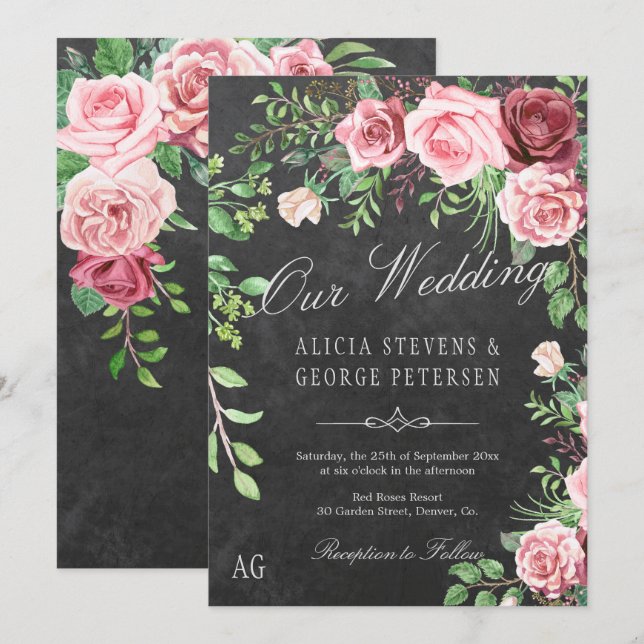 Invitation Mariage Monogramme Rose rustique Bourgogne et Blus (Devant / Derrière)
