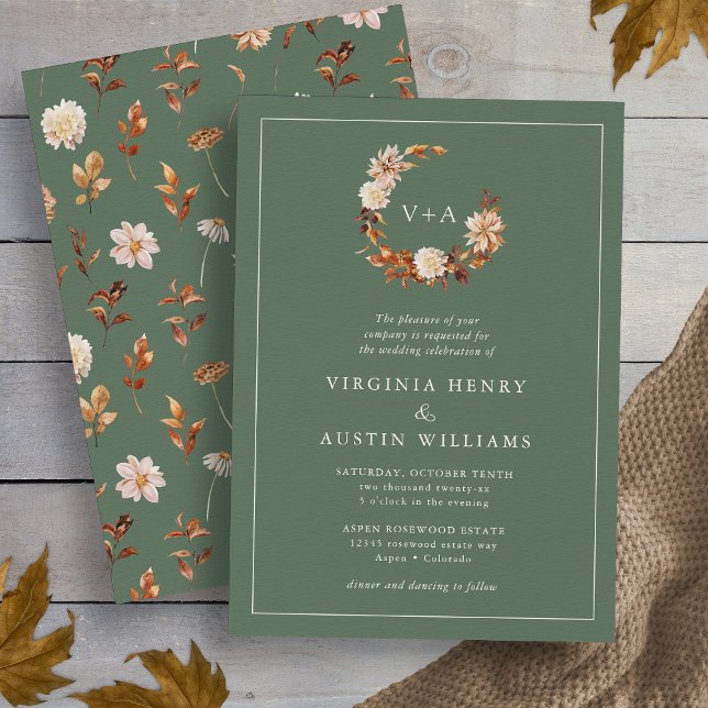 Invitation Mariage Monogrammé Sage (Autumn Leaves Sage Green Monogrammed Wreath  Wedding Invitation by Painted Paperie
)