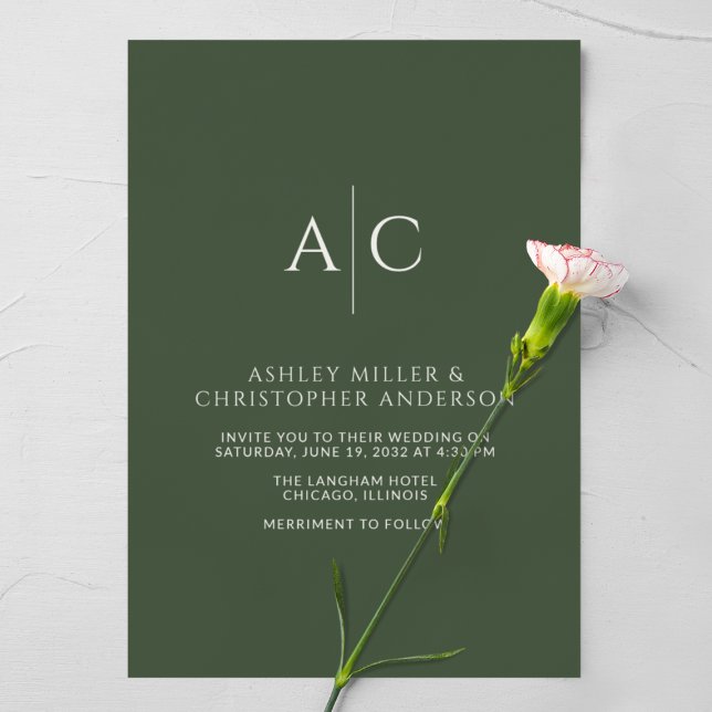 Invitation Mariage Monogramme vert de mousse foncée simple (Créateur téléchargé)
