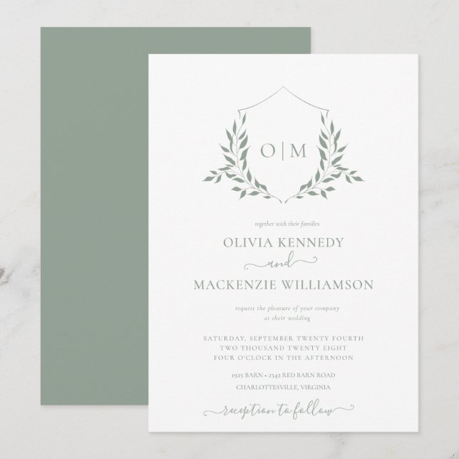 Invitation Mariage Monogramme vert Sage moderne (Devant / Derrière)