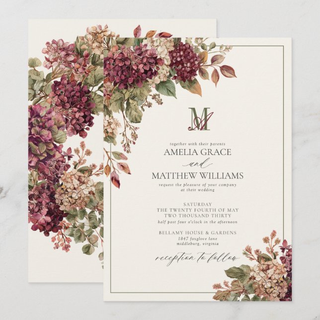 Invitation Mariage Monogramme Vintage Hydrangea Bourgogne Oli (Devant / Derrière)