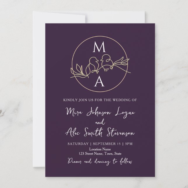 Invitation Mariage Monogramme Violet (Devant)