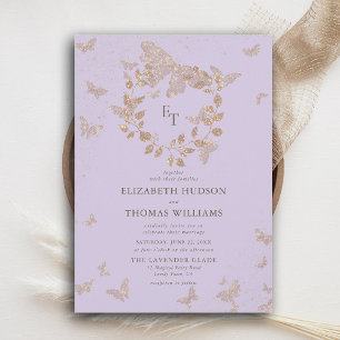 Invitation Mariage Monogrammes Papillons Or Lavande Couronne